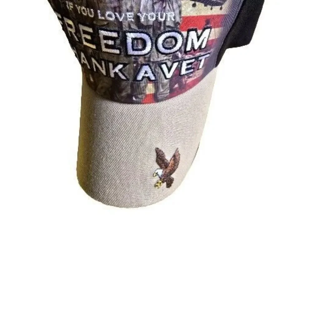 If You Love Your Freedom Thank A Vet Ballcap Hat Adjustable Black Beige Bill‎